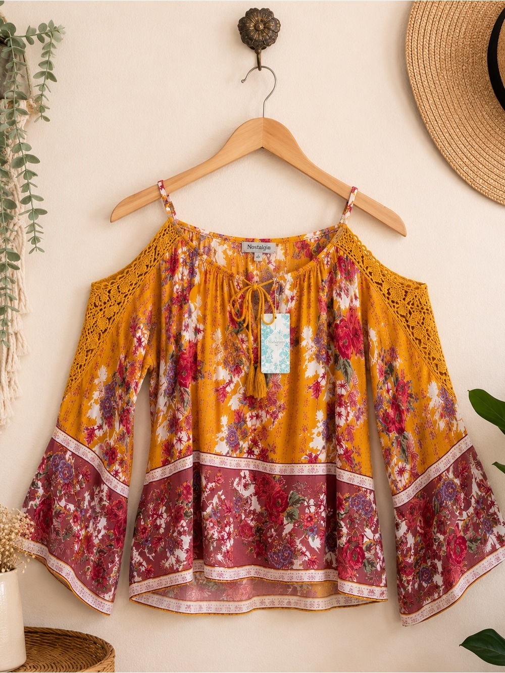 Vintage Nostalgia Floral Cold Shoulder Peasant Blouse Boho Cottagecore Top Small